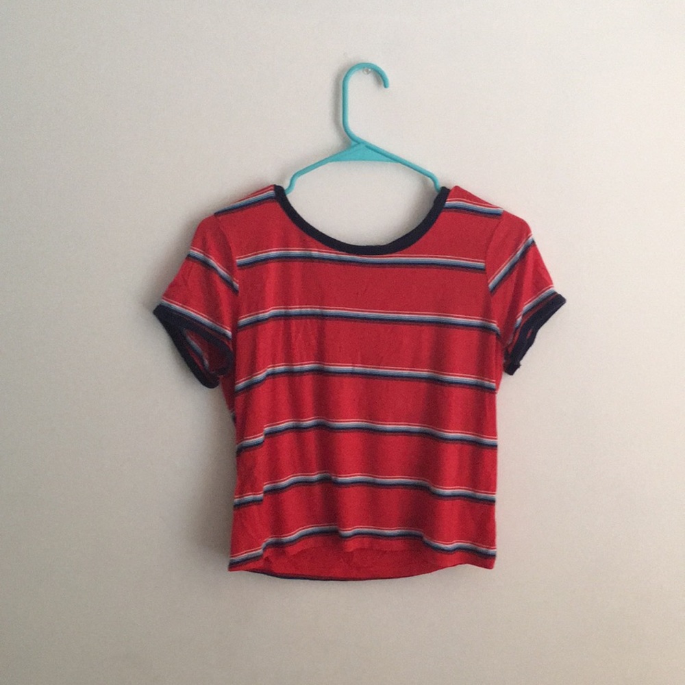 red top with blue stripes